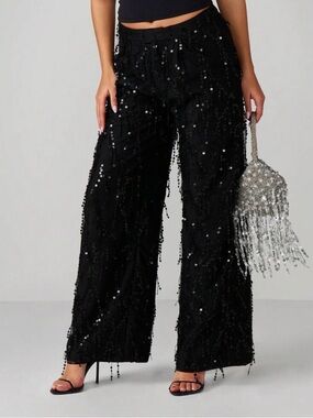 Black Sequin Wide-Leg Party Pants